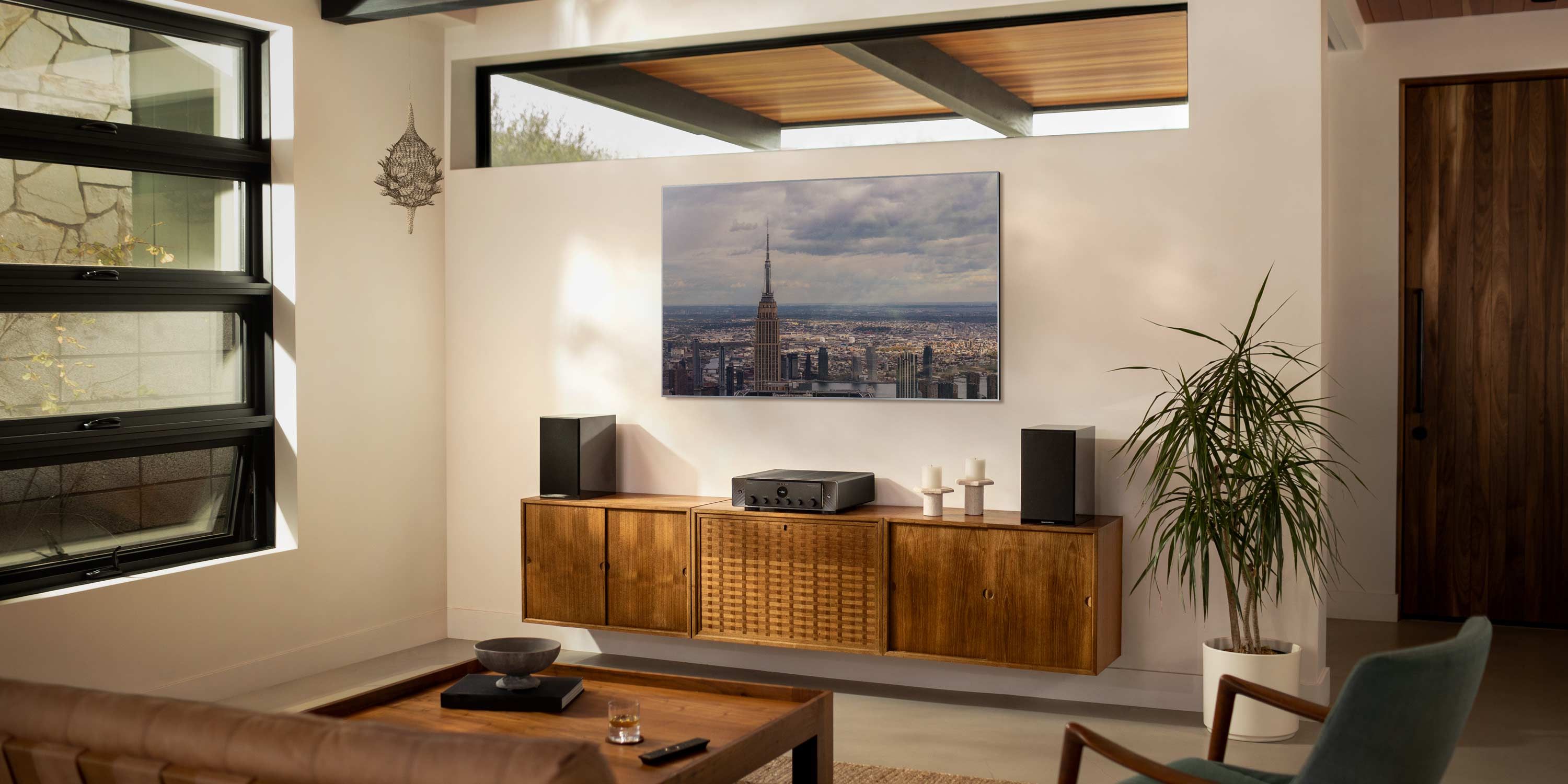 Marantz media room with wooden furniture and speakers