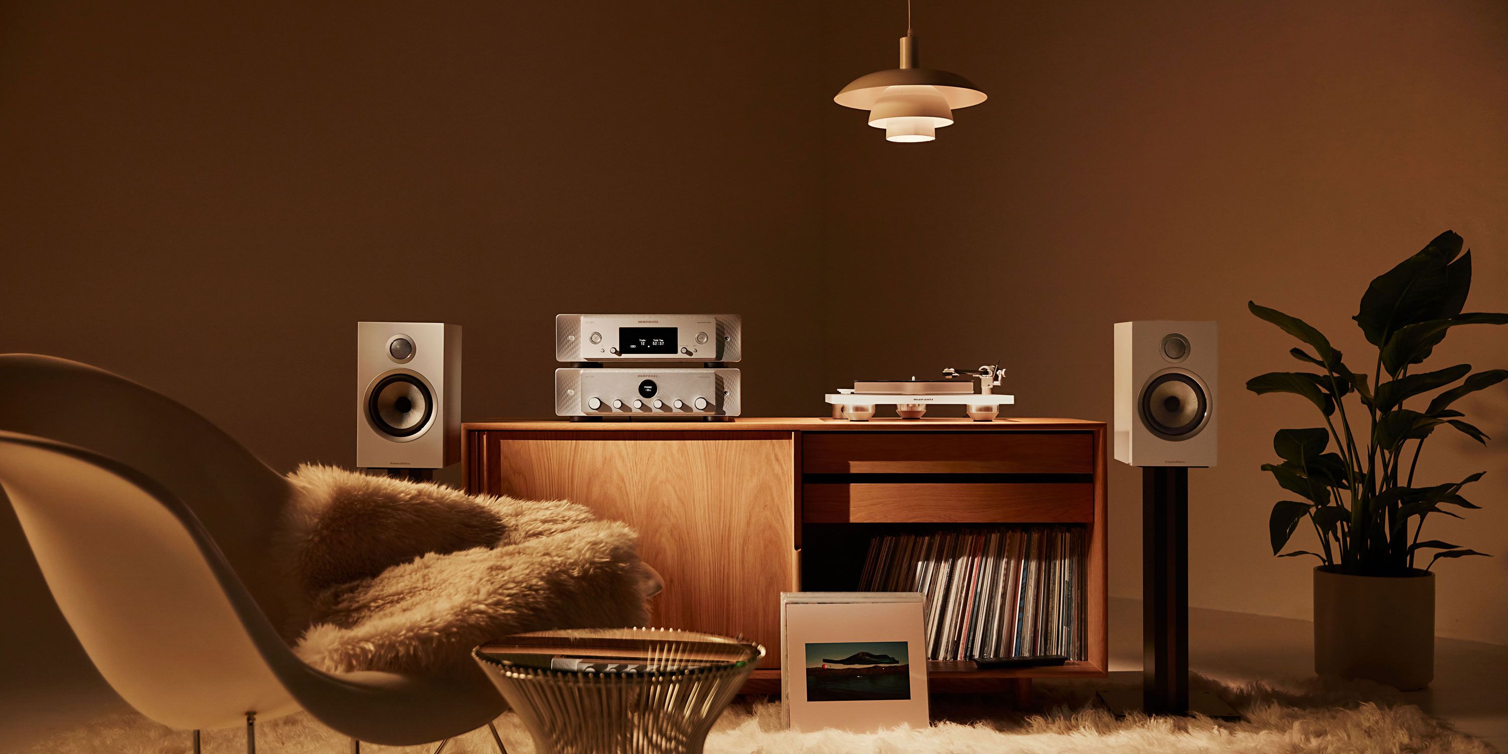 warm brown toned listening room with Marantz audio technology