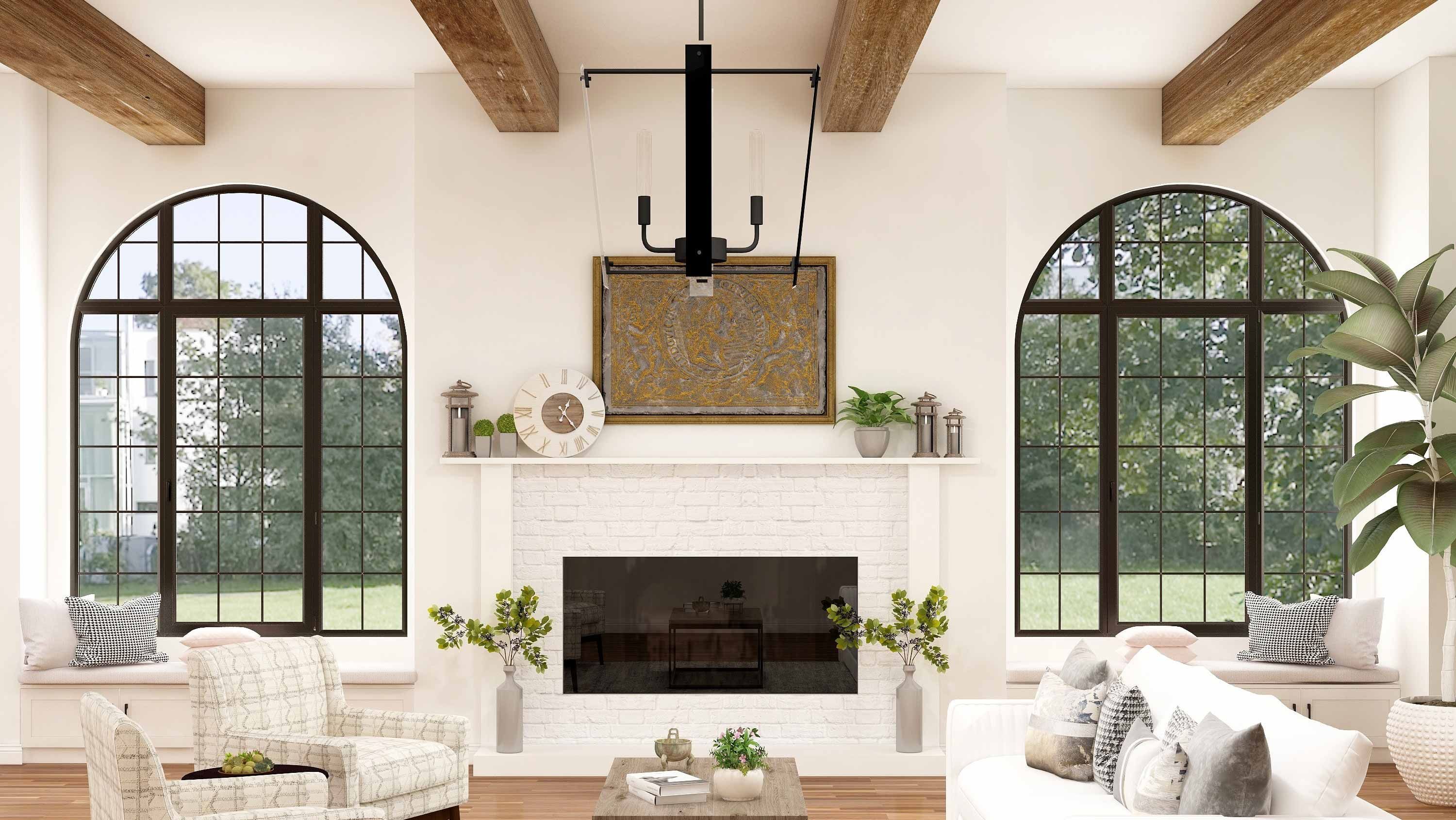 Image of home with archway windows and wooden beams on ceiling