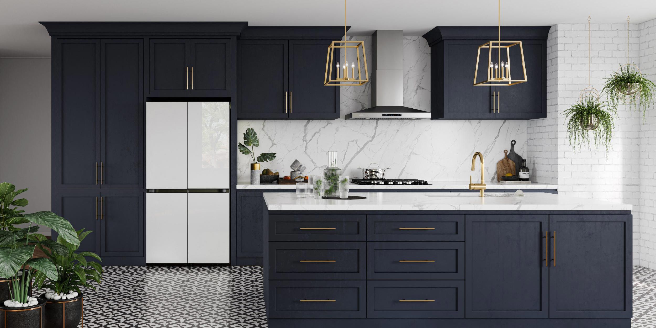 kitchen with samsung technology and blue cabinetry with gold accents